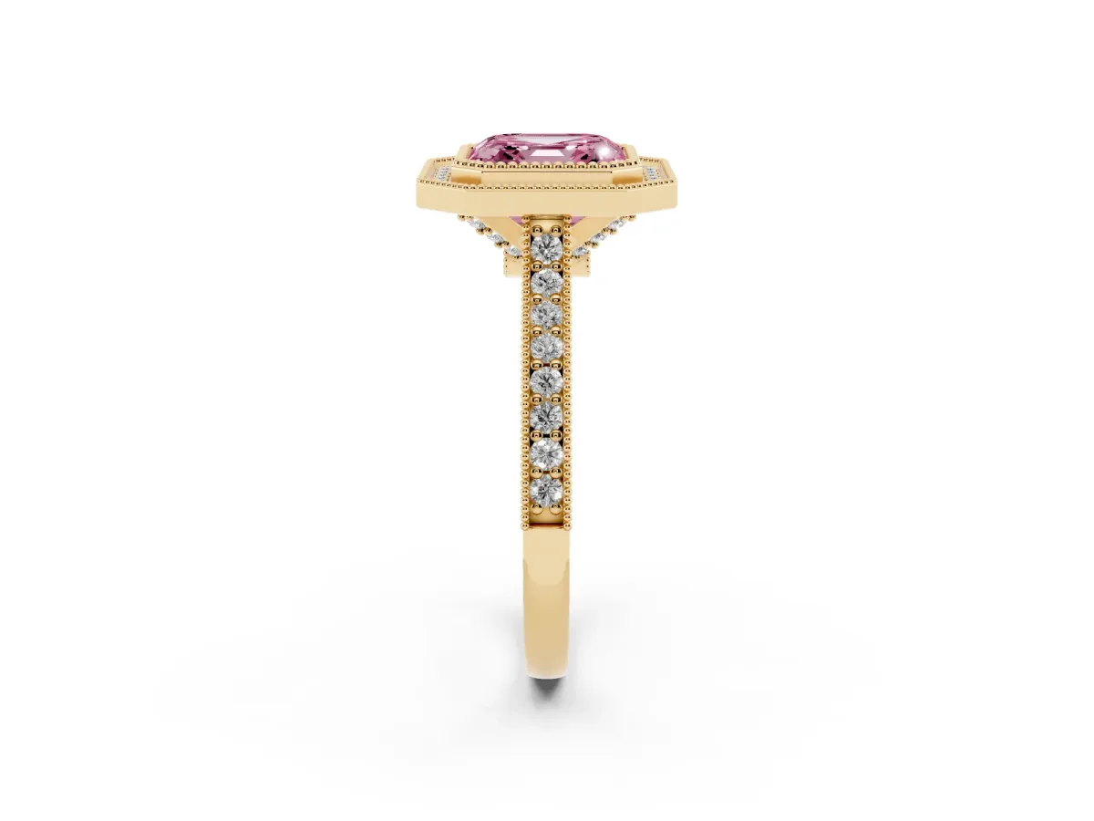 Fancy Pink Halo Asscher Cut-Cut Diamond Pave Band Milgrain Prong Setting Ring Yellow gold