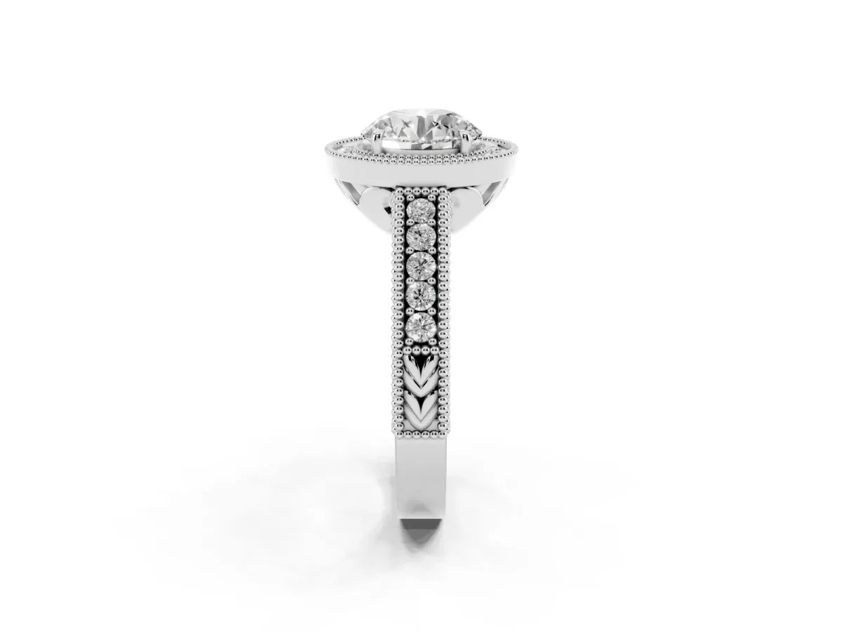 Round Cut Cut Halo Diamond Ring with Pavé Band and Four-Prong Setting Silver