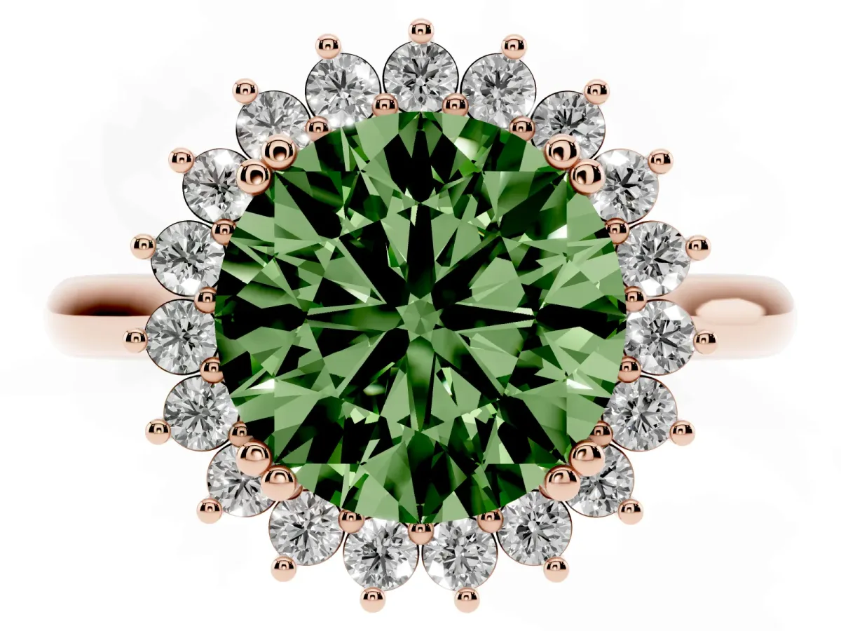 Fancy Green Round Cut Cut Diamond Halo Ring with Solitaire Band and Prong Setting Rose gold