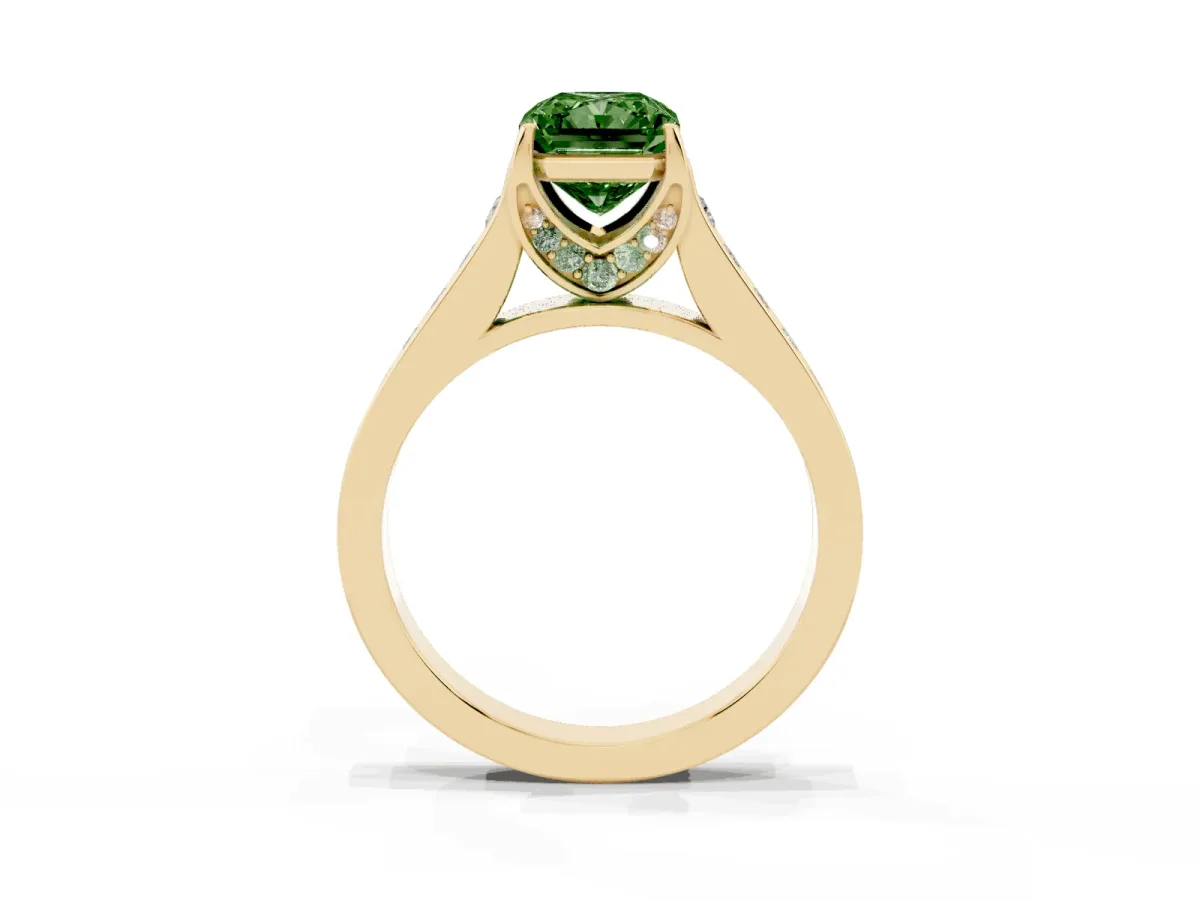 Fancy Green Radiant Cut Brilliant Cut Diamond Engagement Ring with Pavé Band and Four-Prong Setting Yellow gold