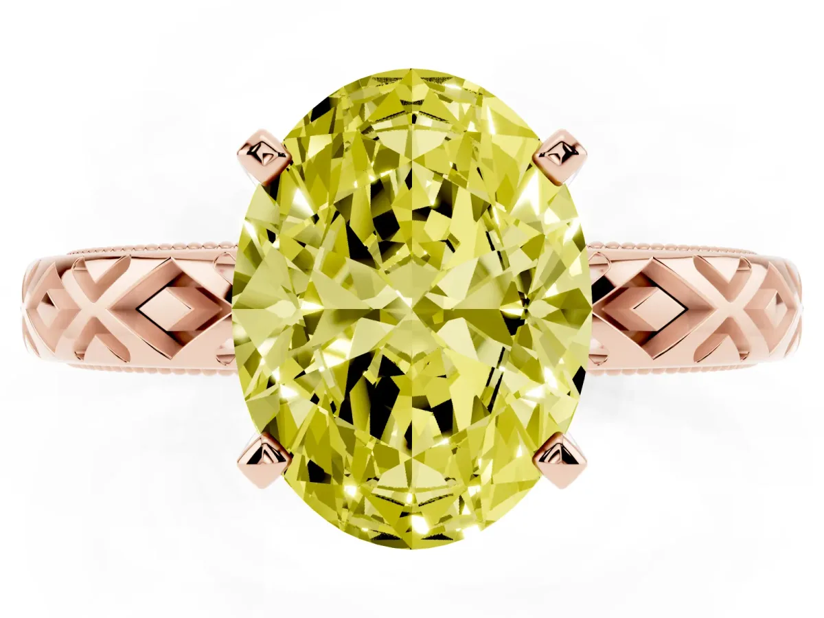 Fancy Yellow Oval Cut Solitaire Diamond Ring with Milgrain and Black Enamel X Pattern Band Rose gold