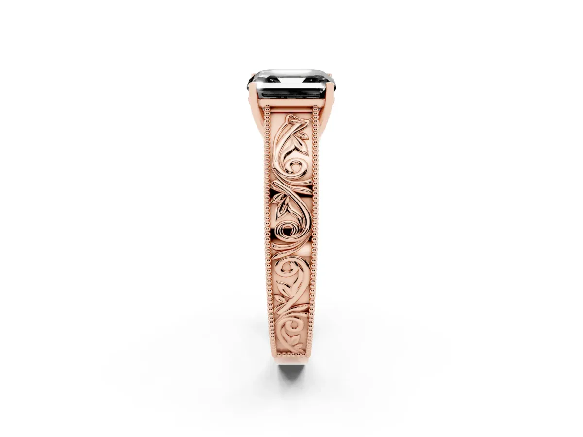 Fancy Black Asscher Cut Diamond Solitaire Ring with Engraved Band and Four-Prong Setting Rose gold