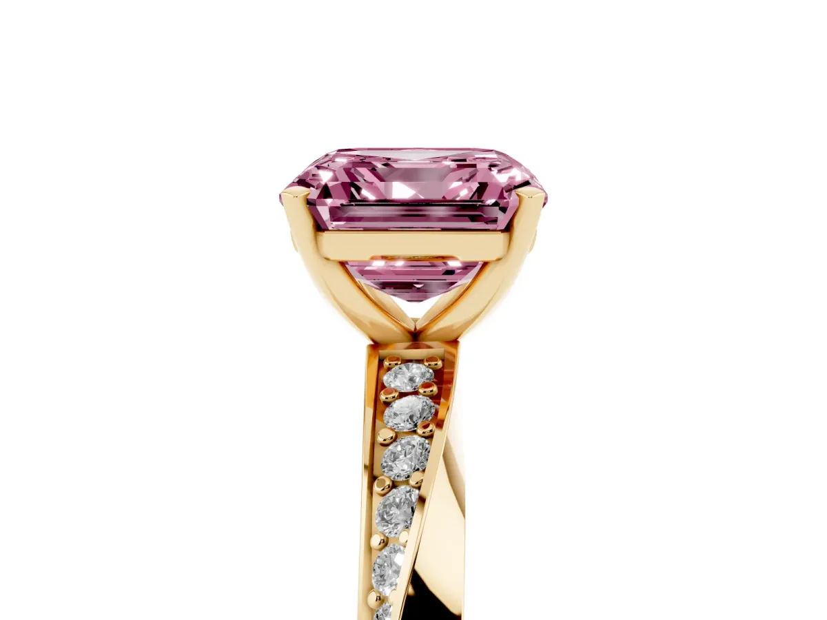 Fancy Pink Asscher Cut Diamond Engagement Ring with Side Stone Accents and Four-Prong Setting Yellow gold