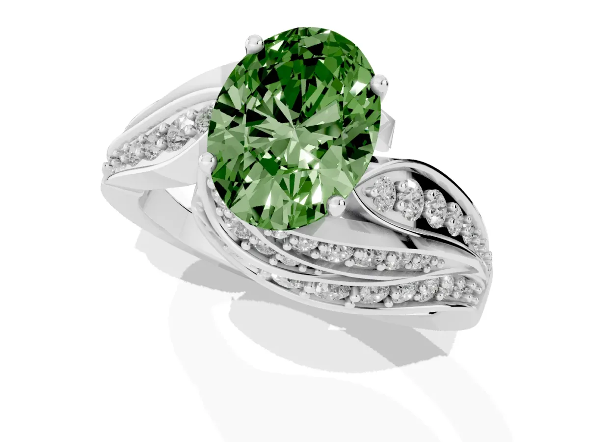 Fancy Green Oval Cut Diamond Solitaire Ring with Prong Setting and Twisted Pavé Band Silver