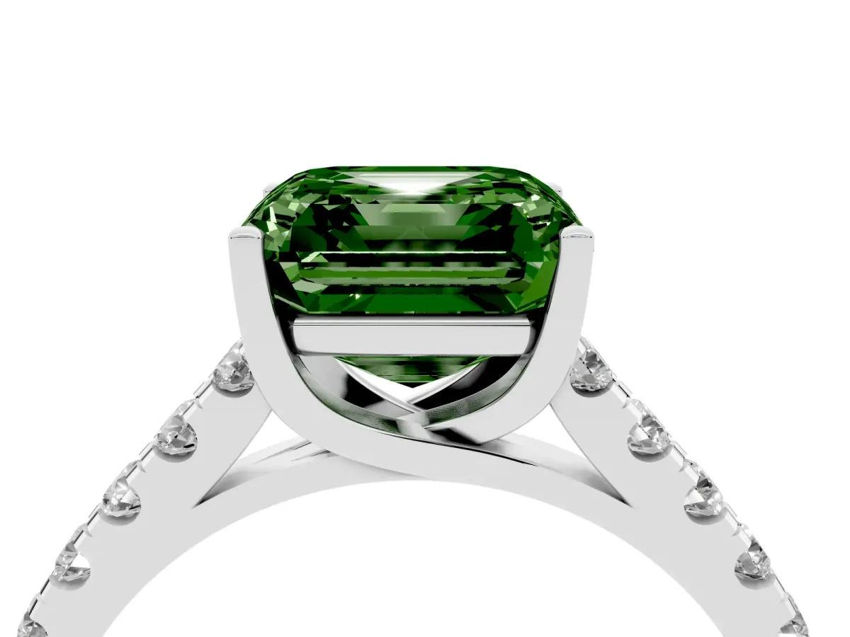 Fancy Green Asscher Cut Diamond Pavé Band Solitaire Ring with Prong Setting Platinum