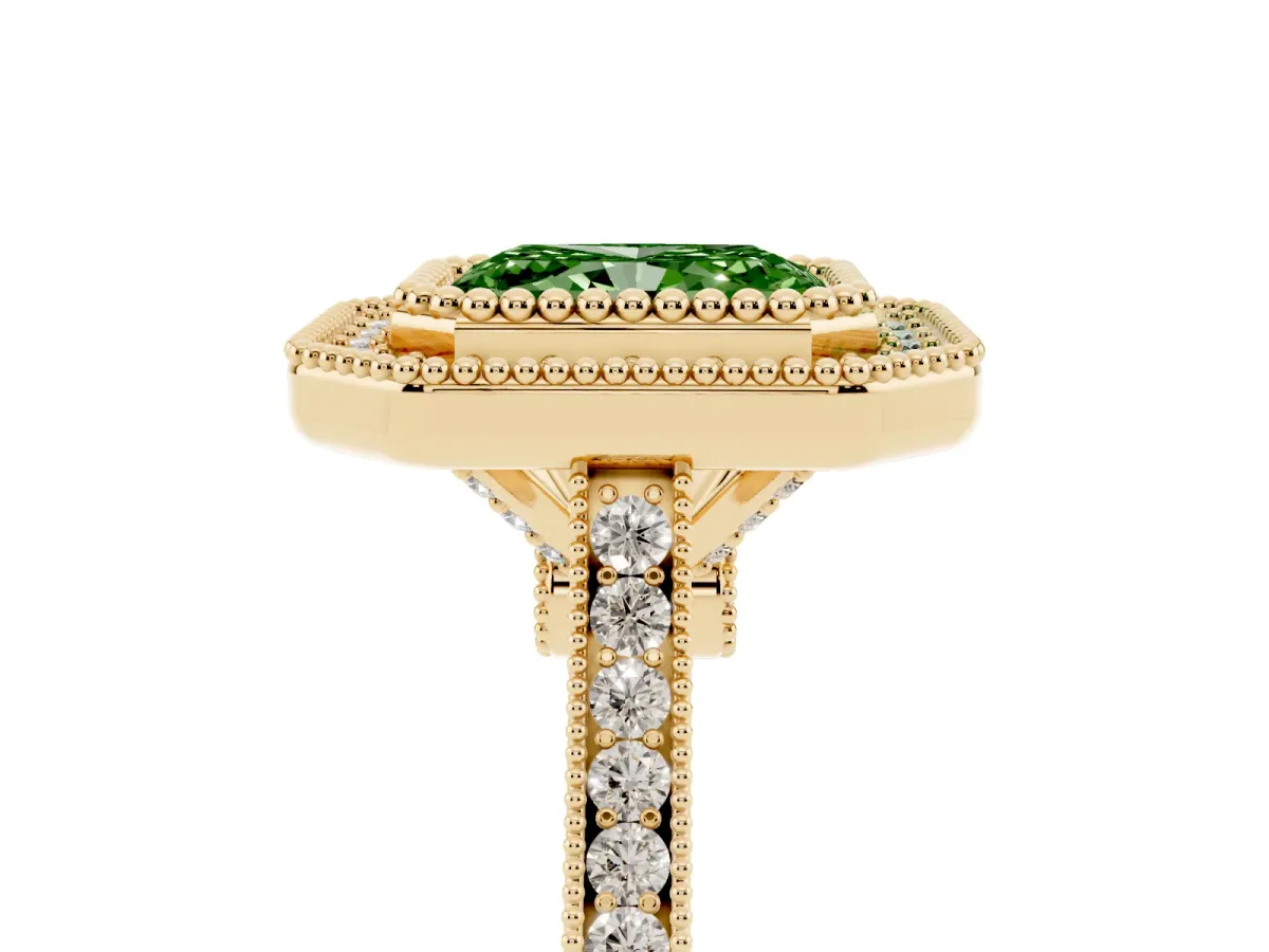Fancy Green Radiant Cut Diamond Halo Ring with Milgrain Frame and Pavé Band Yellow gold