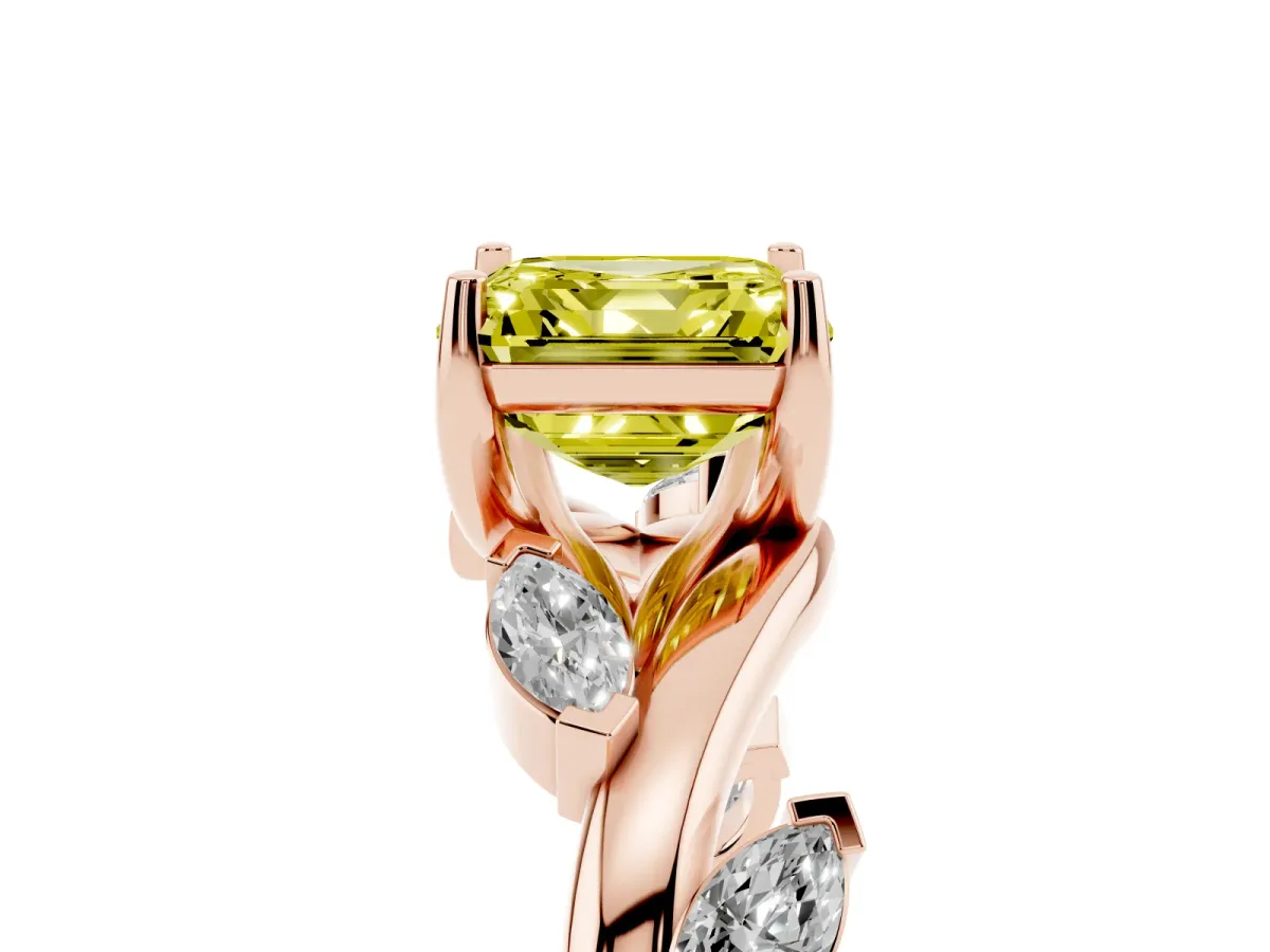 Fancy Yellow Asscher Cut Solitaire Twisted Band Marquise Accent Prong Setting Ring Rose gold