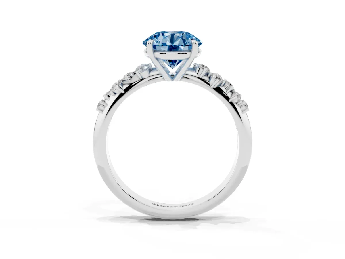 Fancy Blue Round Cut Diamond Cluster Side Stone Solitaire Ring with Prong Setting Silver