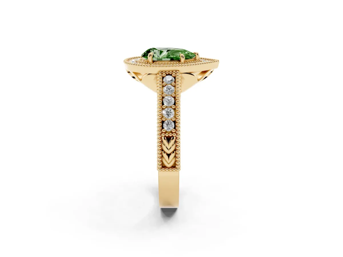 Fancy Green Pear Cut Cut Halo Diamond Ring with Pavé Band and Four-Prong Setting Yellow gold