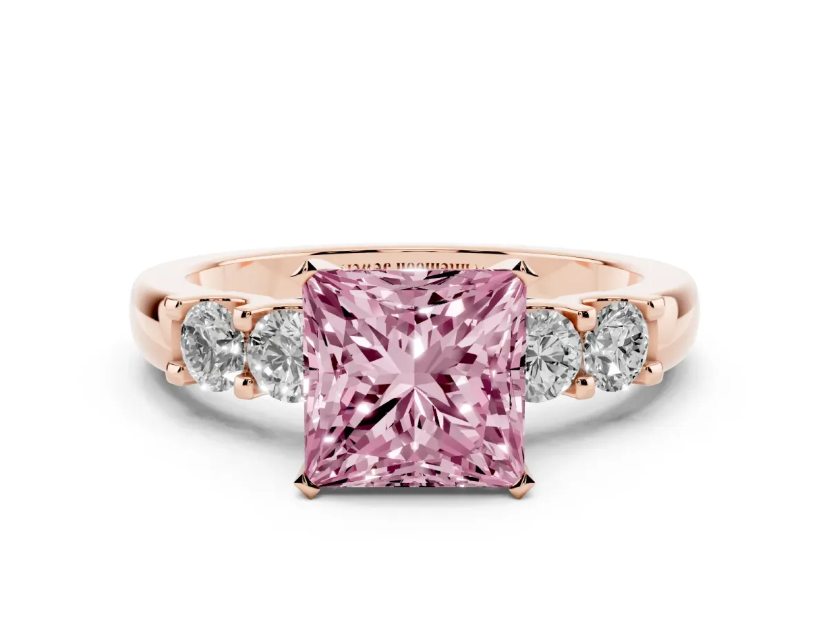 Fancy Pink Princess Cut Brilliant Cut Diamond Five-Stone Prong Set Engagement Ring with Channel Band Rose gold