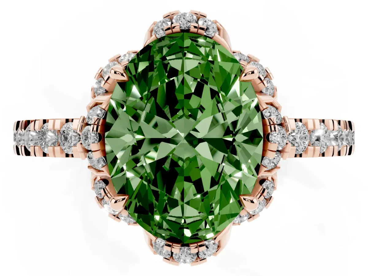 Fancy Green Oval Cut Halo Diamond Pave Band Ring with Four-Prong Setting Rose gold
