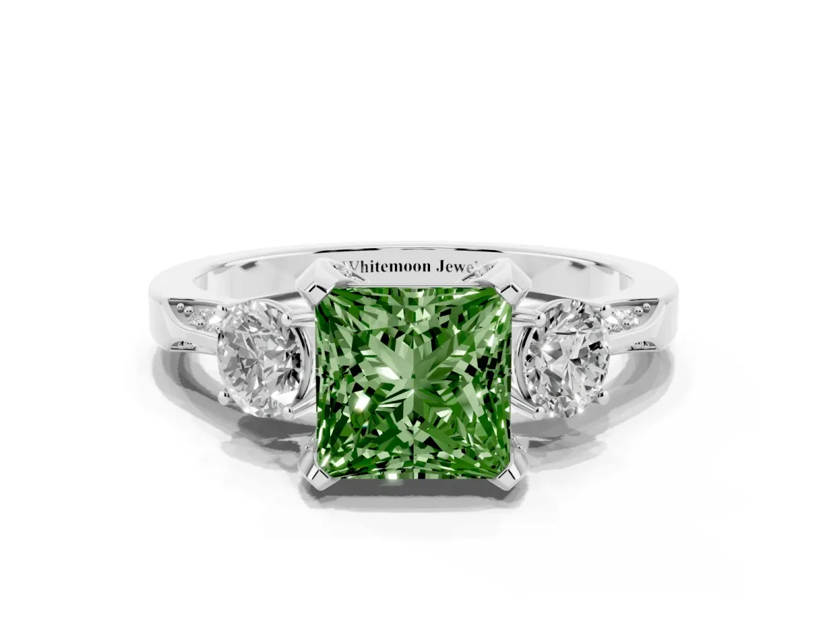 Fancy Green Princess Cut Brilliant Three-Stone Diamond Ring with Pavé Band and Four-Prong Setting Silver