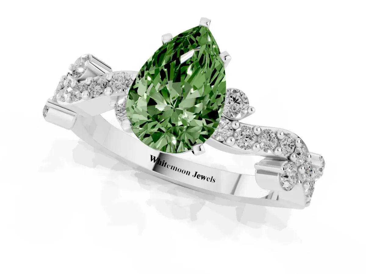Fancy Green Pear Cut Cut Solitaire Diamond Twisted Band with Pave Setting White gold