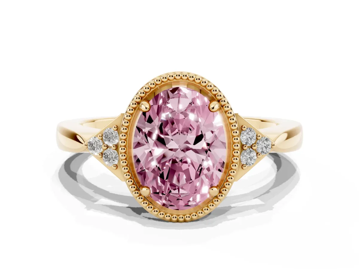 Fancy Pink Hexagonal Halo Oval Cut Diamond Solitaire with Pavé Band and Four-Prong Setting Yellow gold