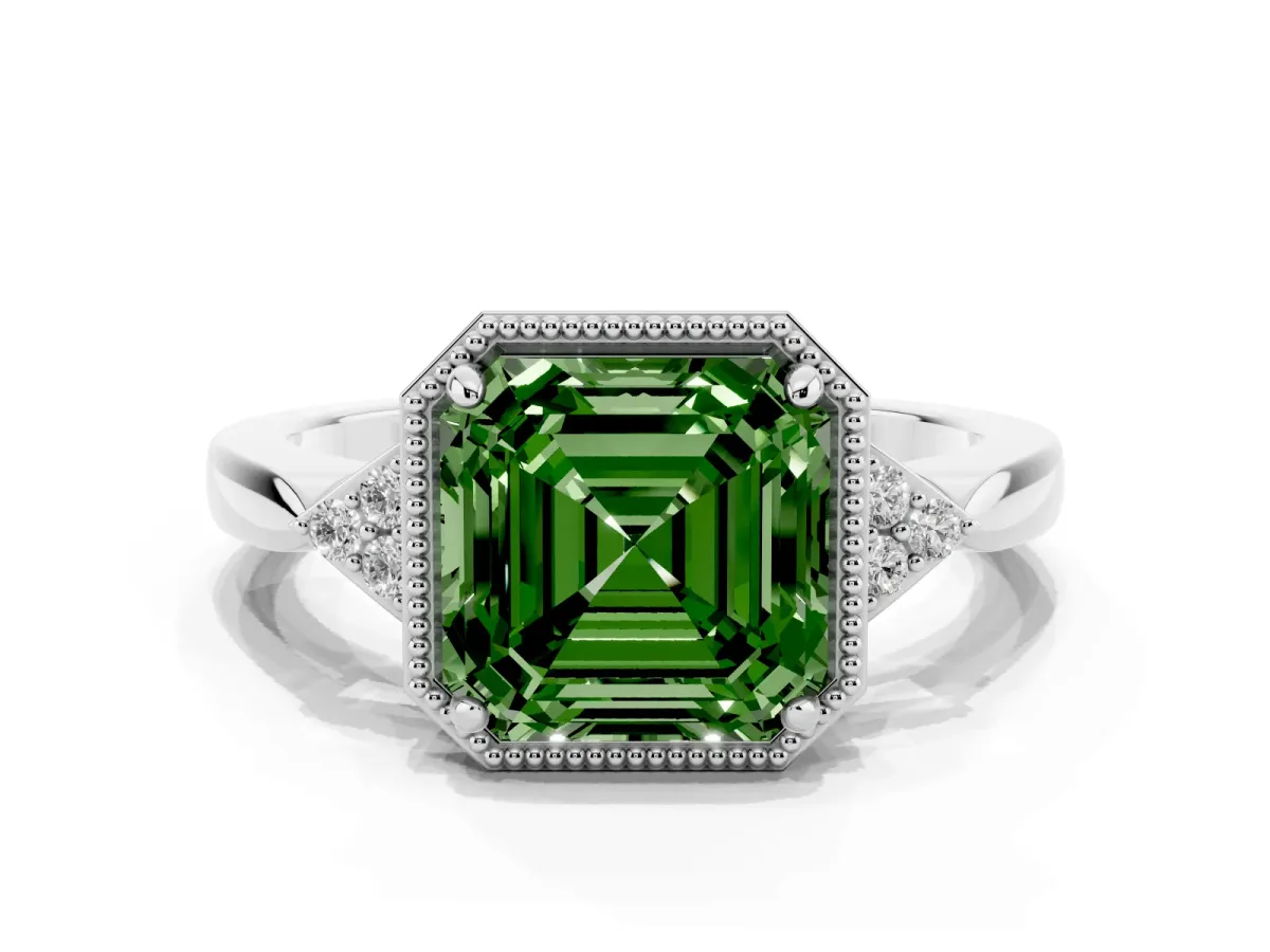 Fancy Green Asscher Cut Diamond Halo Ring with Tapered Band and Four-Prong Setting White gold