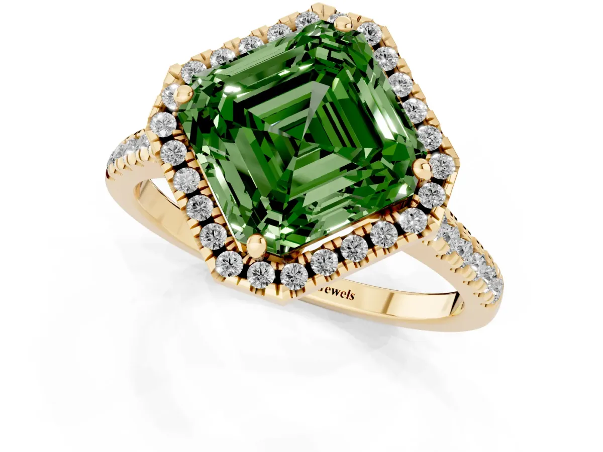 Fancy Green Asscher Cut Diamond Cushion Halo Ring with Pavé Band Yellow gold
