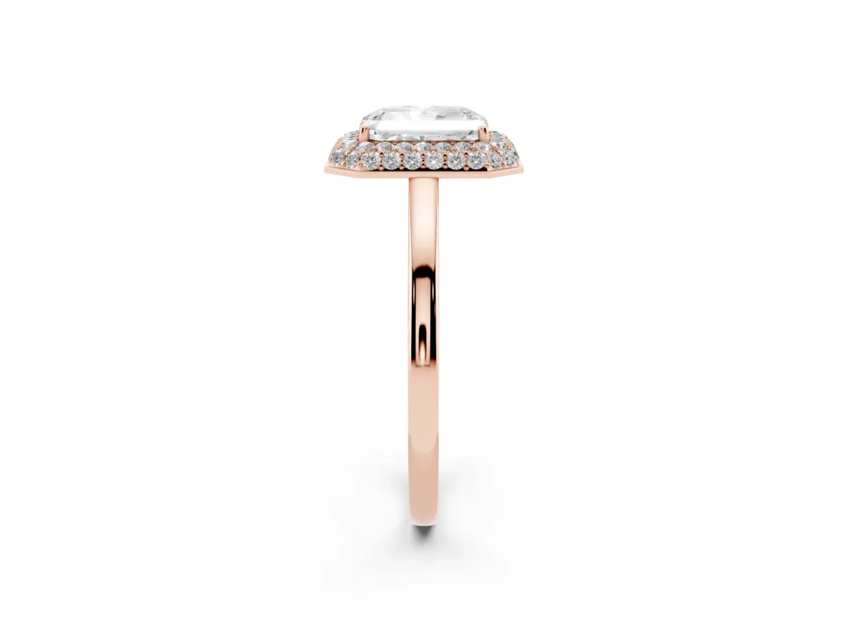 Radiant Cut Halo Diamond Engagement Ring with Solitaire Band and Four-Prong Setting Rose gold