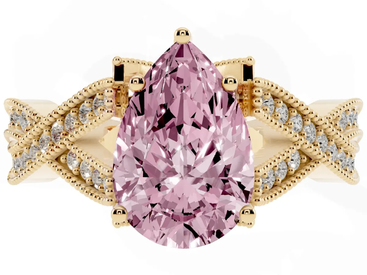 Fancy Pink Pear Cut Cut Diamond Twisted Band with Milgrain Pave Setting and Four-Prong Setting Yellow gold