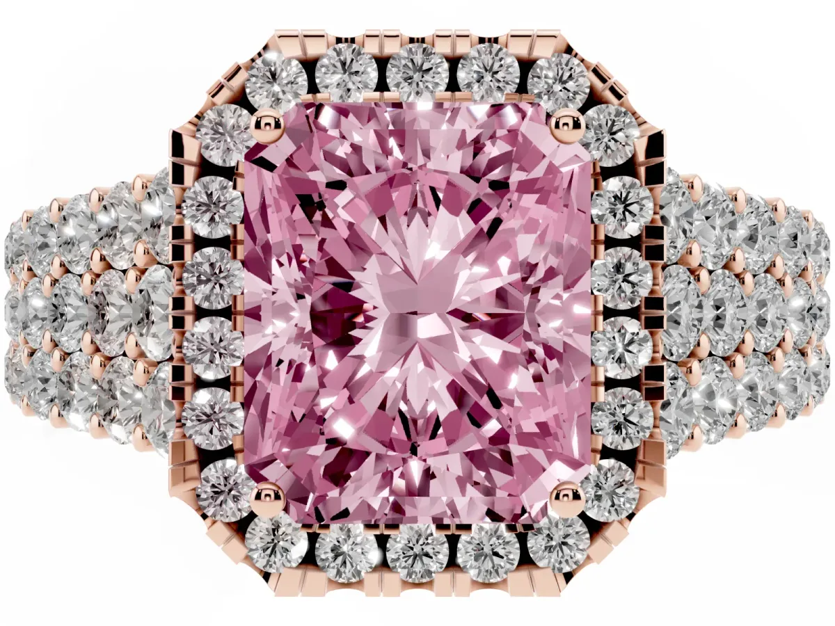 Fancy Pink Radiant Cut Diamond Halo Engagement Ring with Triple Row Round Pavé Band and Prong Setting Rose gold