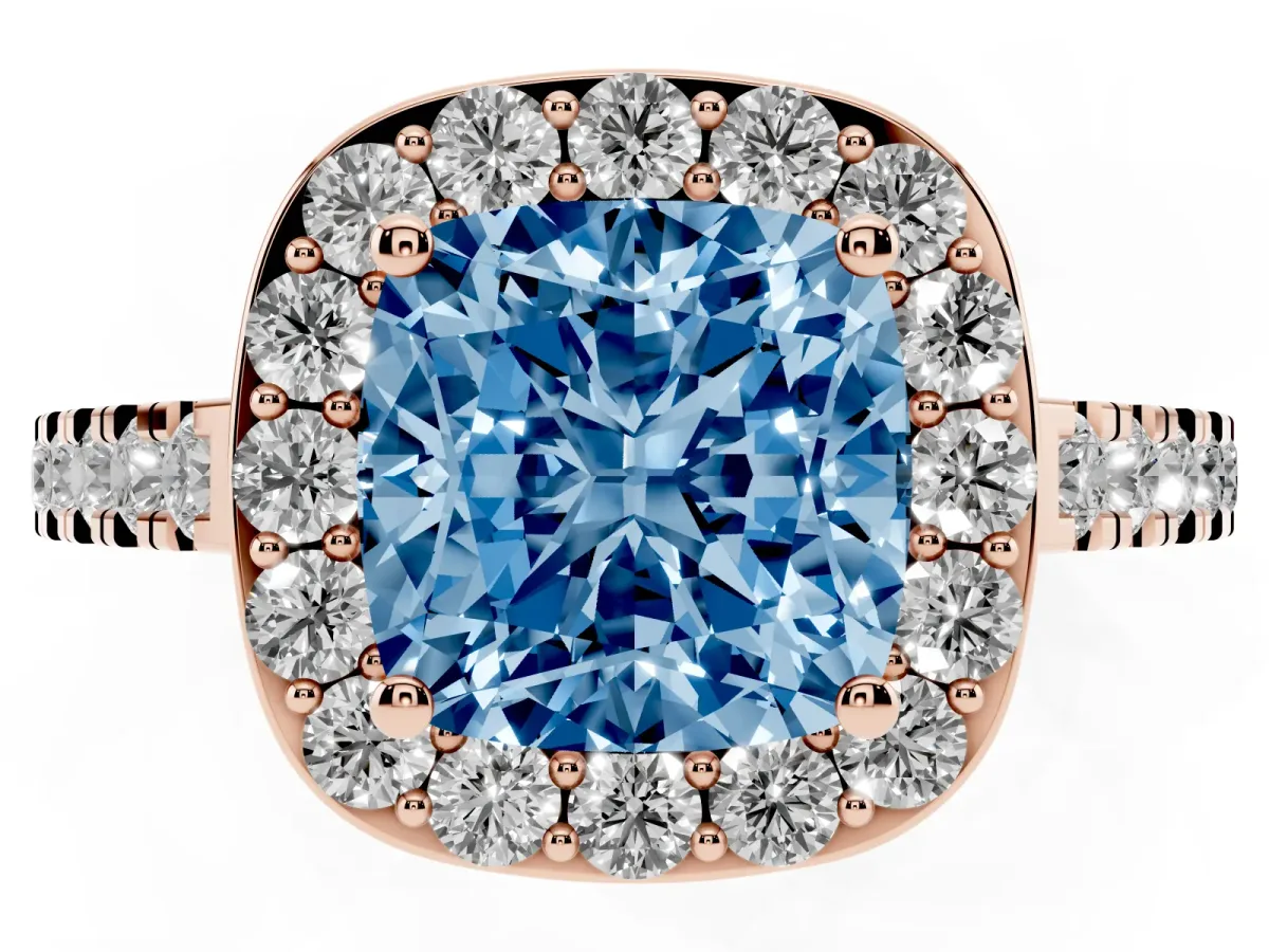 Fancy Blue Cushion Cut Diamond Halo Ring with Round Pavé Split Shank and Prong Setting Rose gold