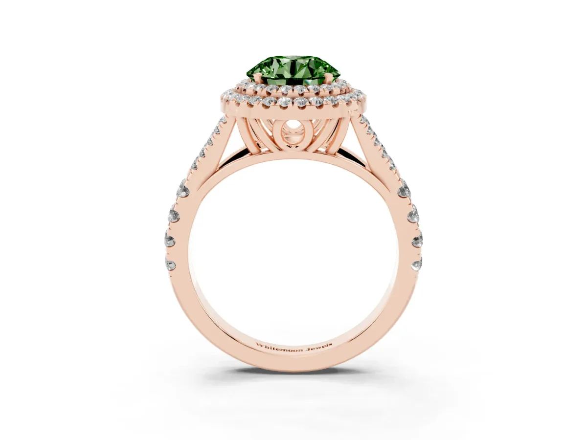Fancy Green Round Cut Cut Double Halo Split Shank Diamond Ring with Prong Setting Rose gold