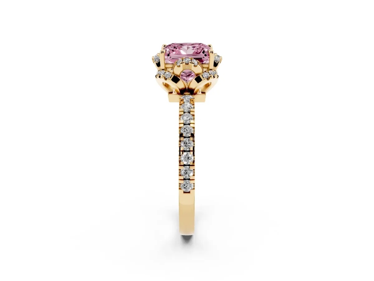 Fancy Pink Princess Cut Halo Diamond Pave Band Ring with Four-Prong Setting Yellow gold