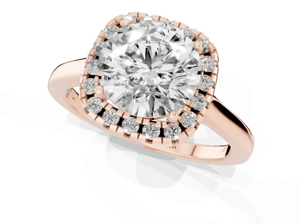Round Cut Halo Round Diamond Solitaire Ring with Pavé Band and Four-Prong Setting Rose gold