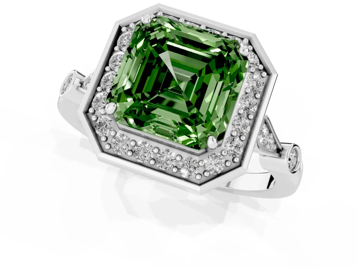 Fancy Green Asscher Cut Halo Diamond Engagement Ring with Twisted Band and Four-Prong Setting White gold
