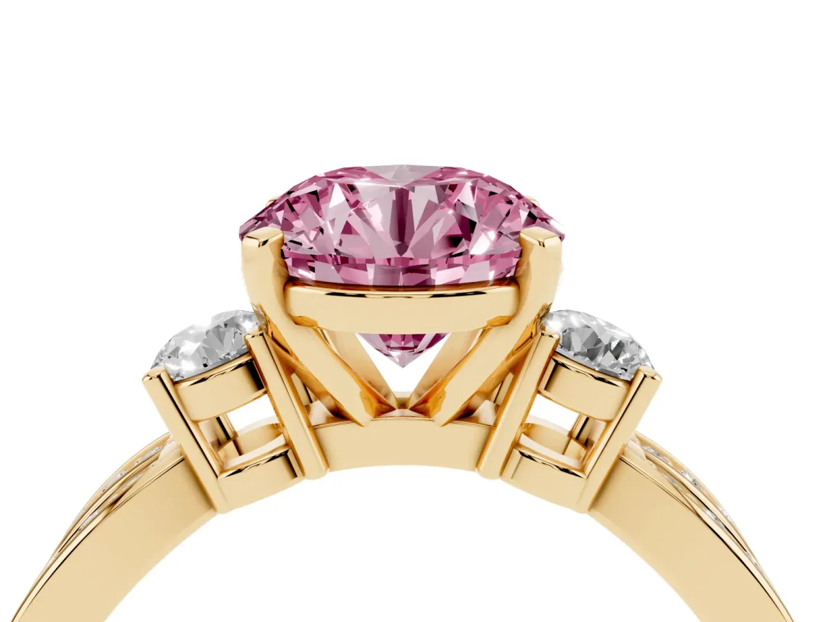 Fancy Pink Three-Stone Round Cut Cut Diamond Twist Band with Prong Setting Yellow gold