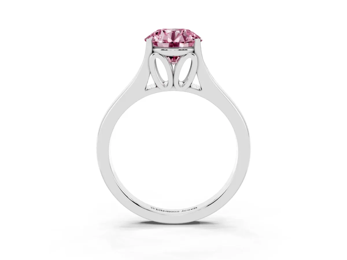 Fancy Pink Round Cut Solitaire Diamond Ring with Cathedral Band and Four-Prong Setting Silver