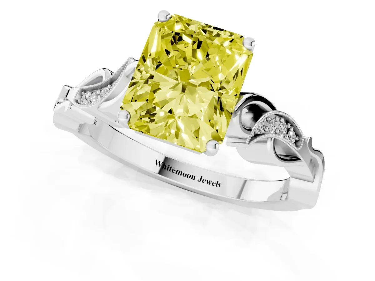 Fancy Yellow Radiant Cut Solitaire Vine Band with Milgrain Prong Setting Silver
