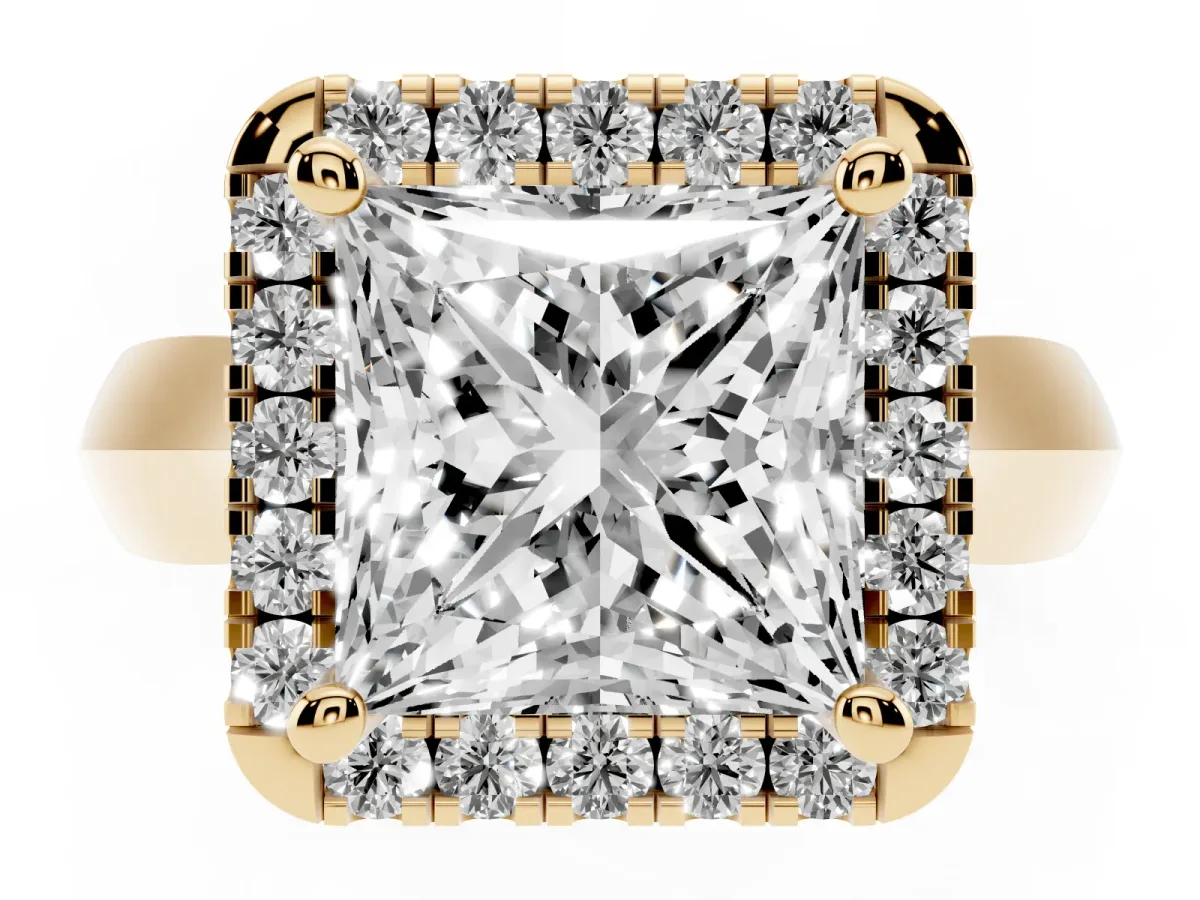 Princess Cut Cut Halo Solitaire Engagement Ring with Square Band and Four-Prong Setting Yellow gold