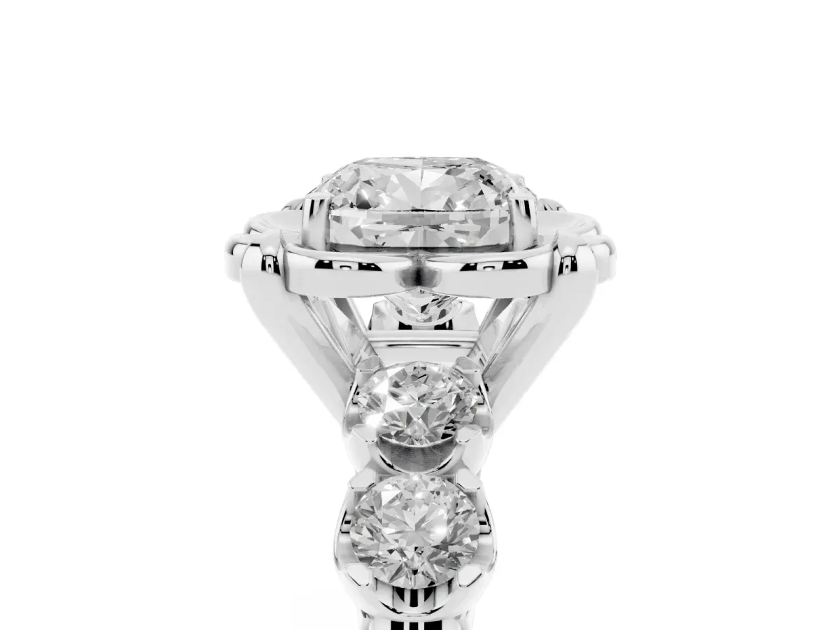 Cushion Cut Cut Diamond Floral Halo Engagement Ring with Shared Prong Setting Silver