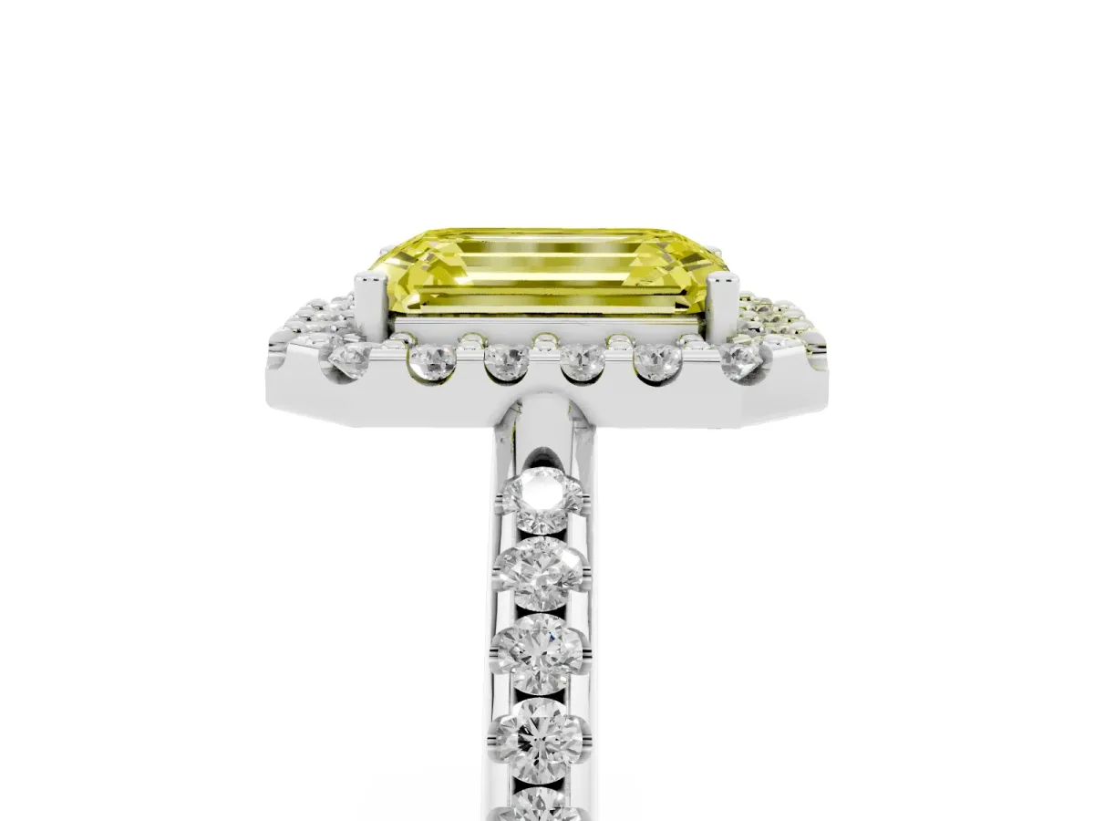 Fancy Yellow Emerald Cut Diamond Pavé Halo Ring with Four-Prong Setting Silver