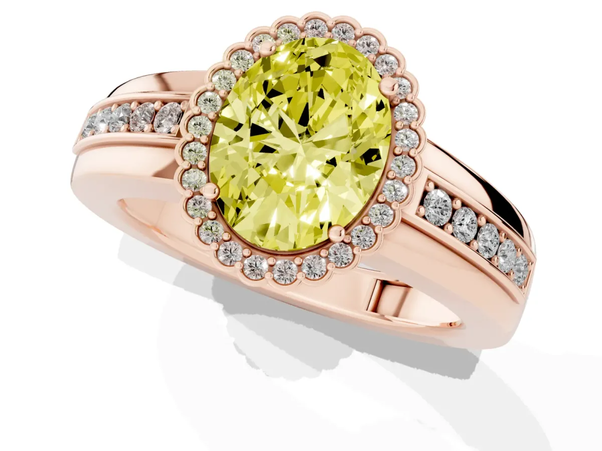 Fancy Yellow Oval Cut Cut Halo Pave Band Four-Prong Ring Rose gold