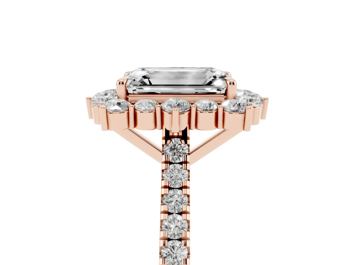 Emerald Cut Halo Diamond Ring with Pavé Band and Prong Setting Rose gold