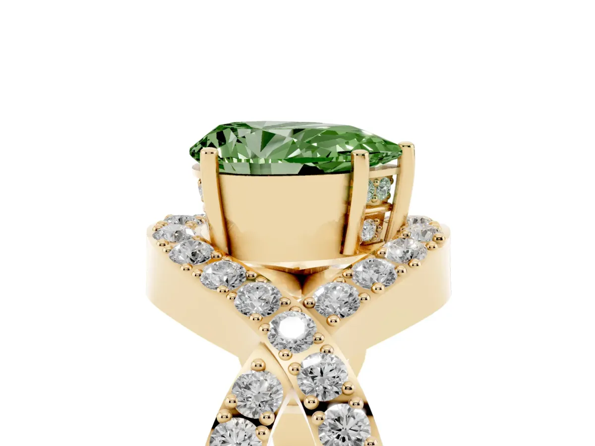 Fancy Green Pear Cut Solitaire Twist Band Pavé Diamond Engagement Ring Yellow gold