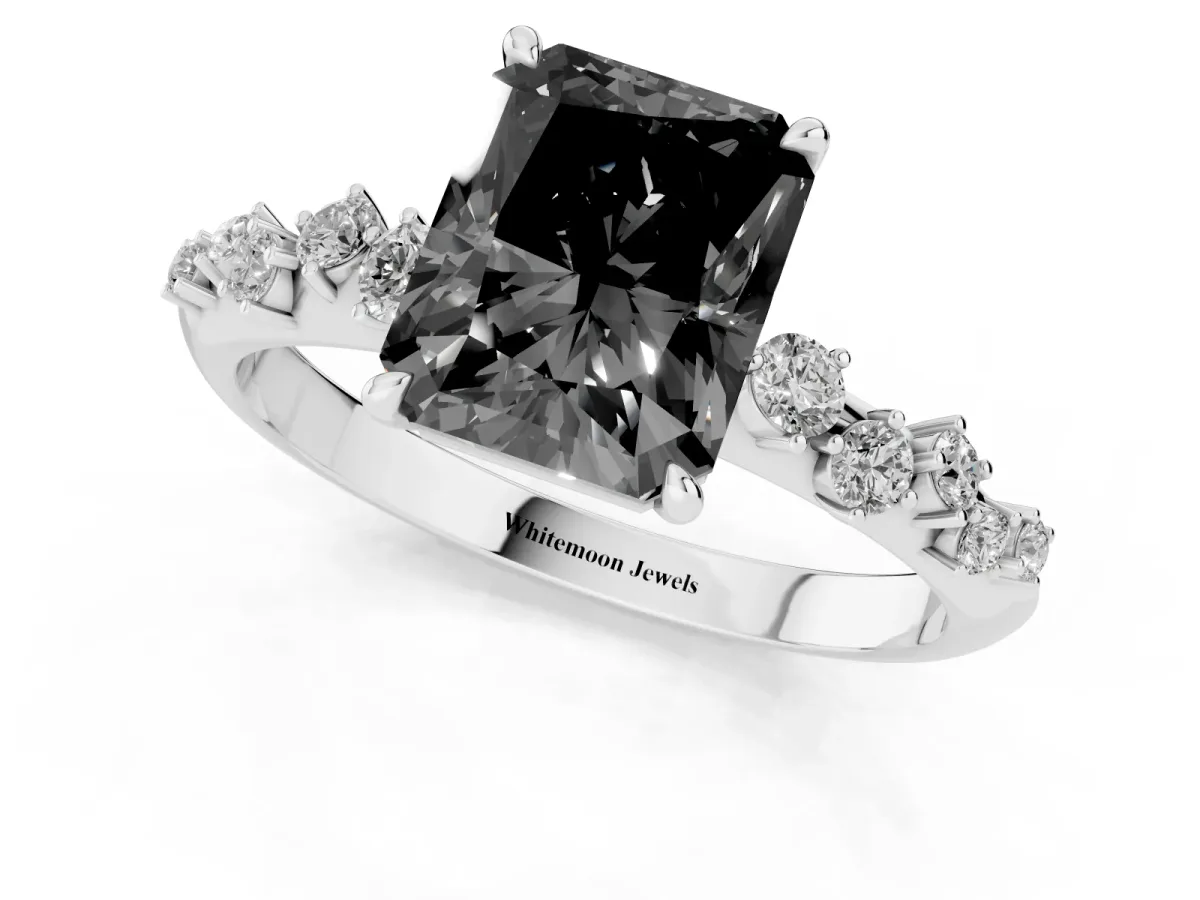 Fancy Black Radiant Cut Diamond Cluster Side Stone Solitaire Ring with Prong Setting Silver
