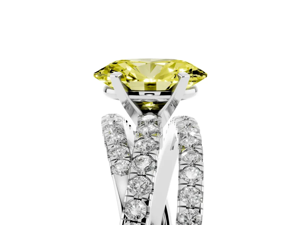 Fancy Yellow Oval Cut Solitaire Twist Band with Pavé Setting and Four-Prong Setting Silver