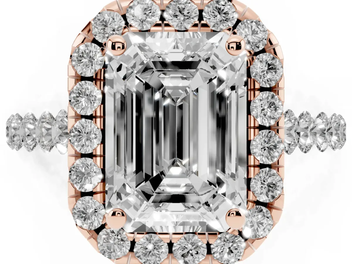 Emerald Cut Halo Pavé Diamond Engagement Ring with Four-Prong Setting Rose gold
