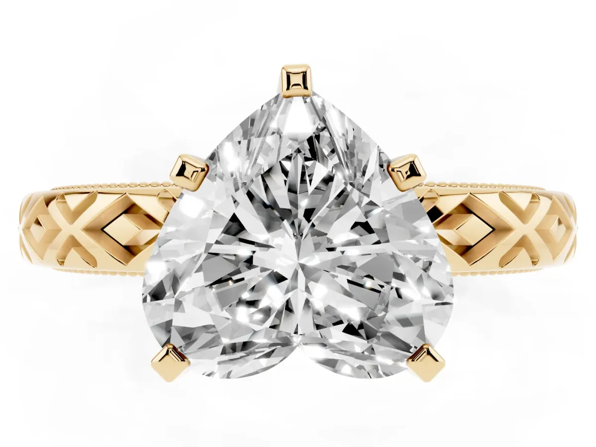 Heart Cut Solitaire Diamond Ring with Milgrain and Black Enamel X Pattern Band Yellow gold