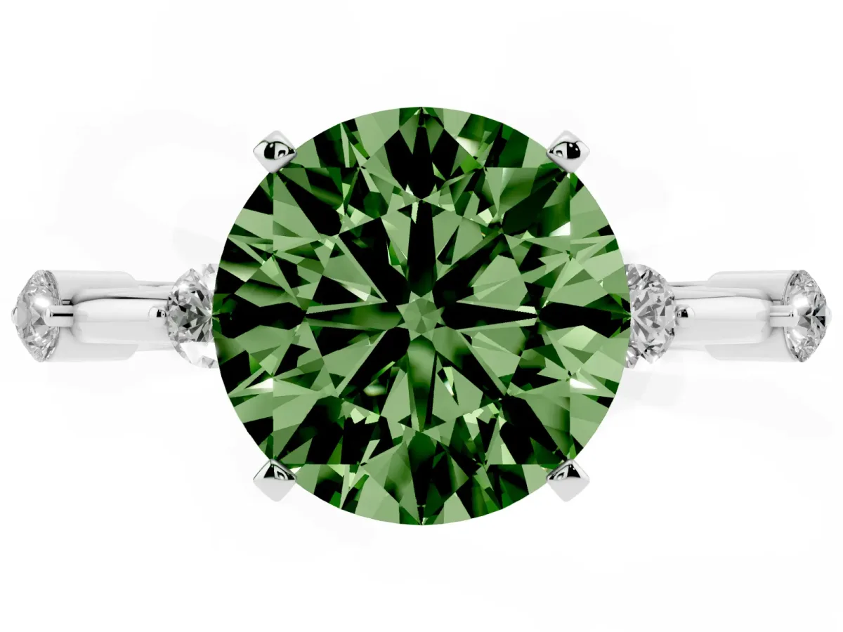 Fancy Green Round Cut Solitaire Diamond Ring with Bezel Set Side Stones and Prong Setting Silver