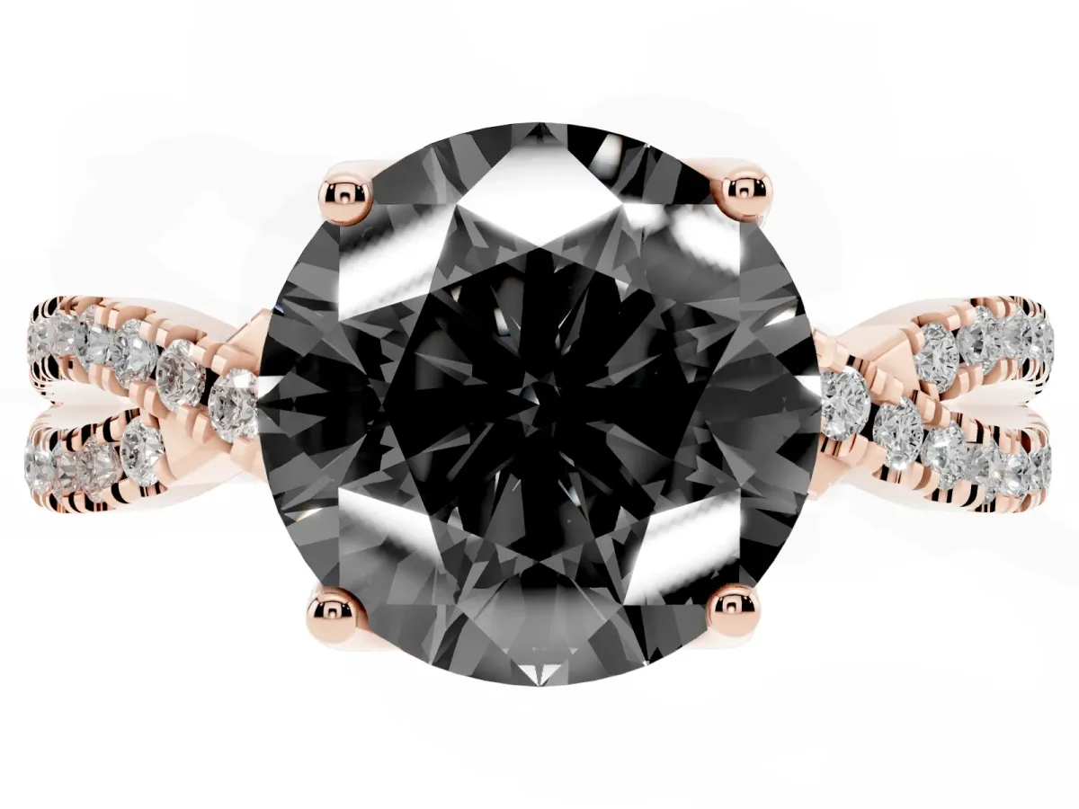 Fancy Black Round Cut Solitaire Twist Pave Diamond Engagement Ring with Prong Setting Rose gold