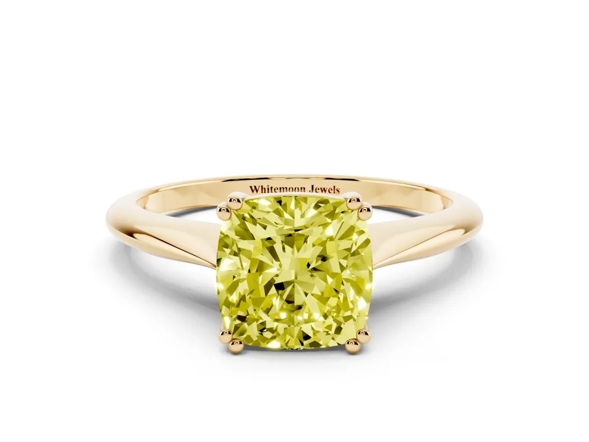 Fancy Yellow Cushion Cut Solitaire Diamond Ring with Six-Prong Setting and Classic Band Yellow gold