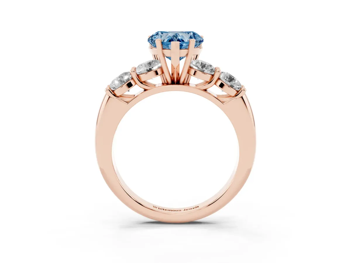 Fancy Blue Heart Cut Cut Five-Stone Prong Set Diamond Ring with Classic Band Rose gold