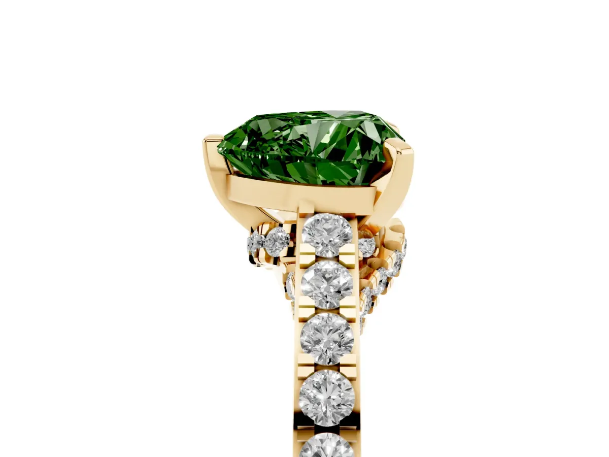 Fancy Green Heart Cut Diamond Solitaire Ring with Crossover Gallery and Round Pavé Band Yellow gold