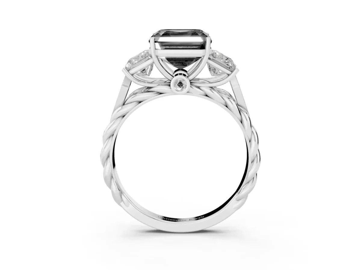 Fancy Black Three-Stone Asscher Cut Diamond Braided Band Ring with Four-Prong Setting Silver