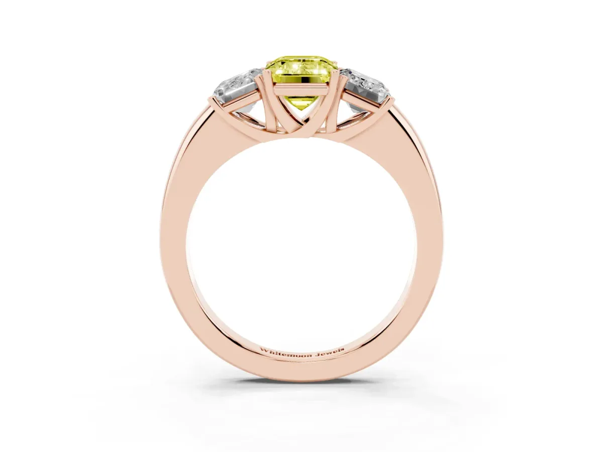 Fancy Yellow Emerald Cut Diamond Three-Stone Ring with Four-Prong Setting and Classic Band Rose gold