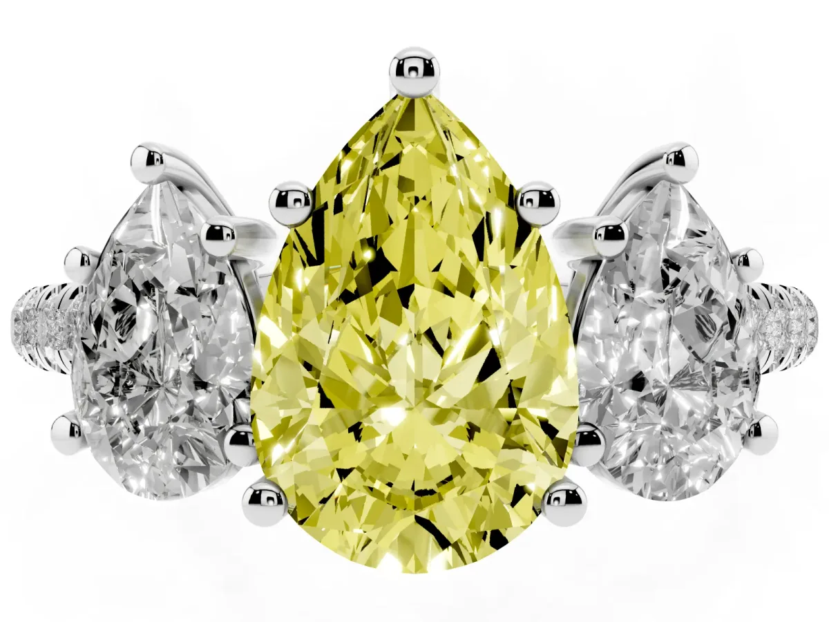 Fancy Yellow Three-Stone Pear Cut Diamond Ring with Round Pavé Band and Prong Setting Silver