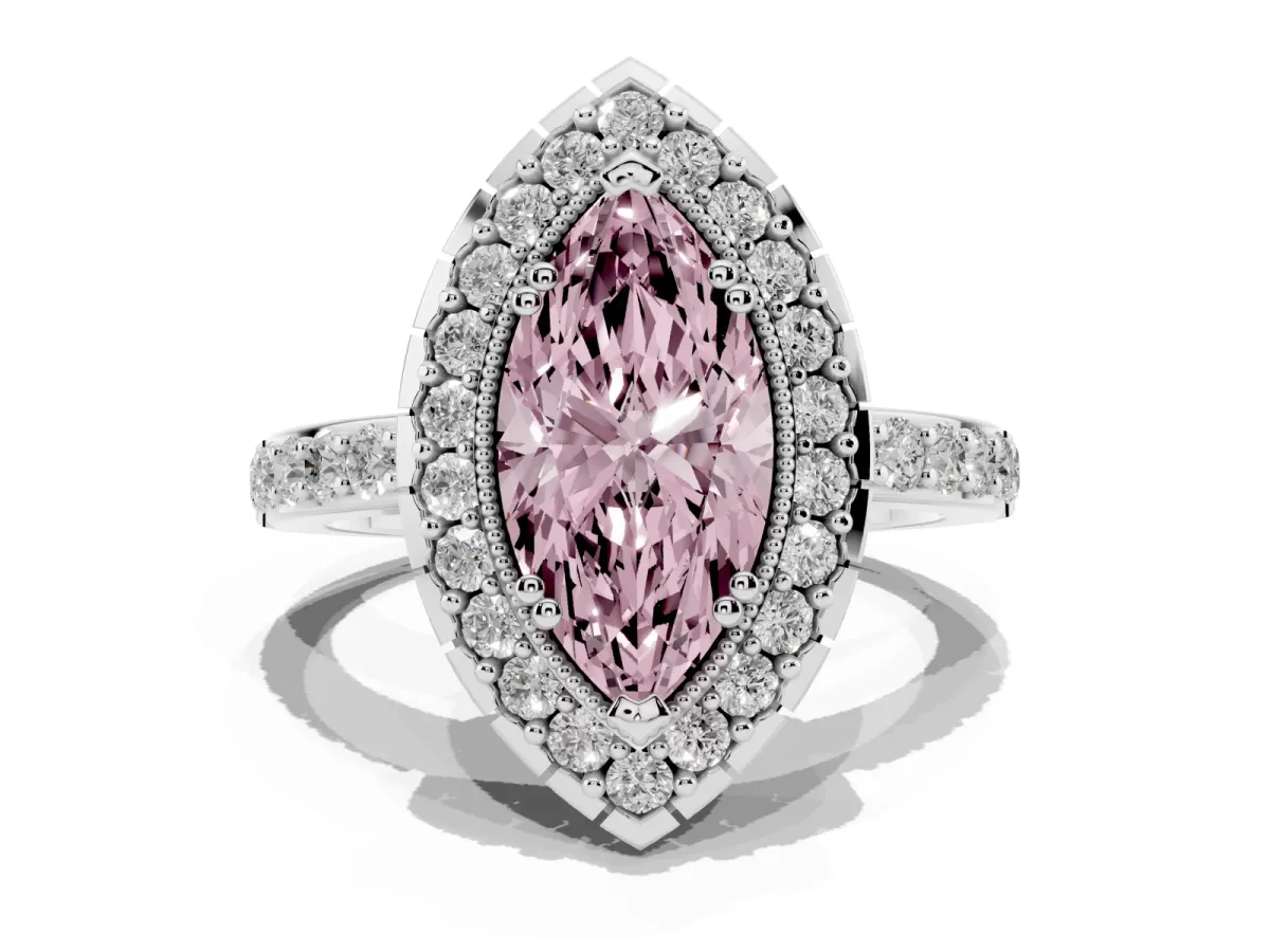 Fancy Pink Marquise Cut Diamond Halo Ring with Pavé Band and Prong Setting White gold